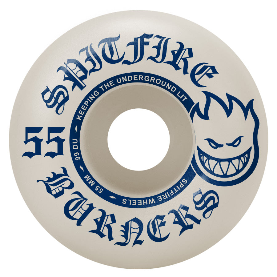 White Spitfire skateboard wheel with blue text and logo.