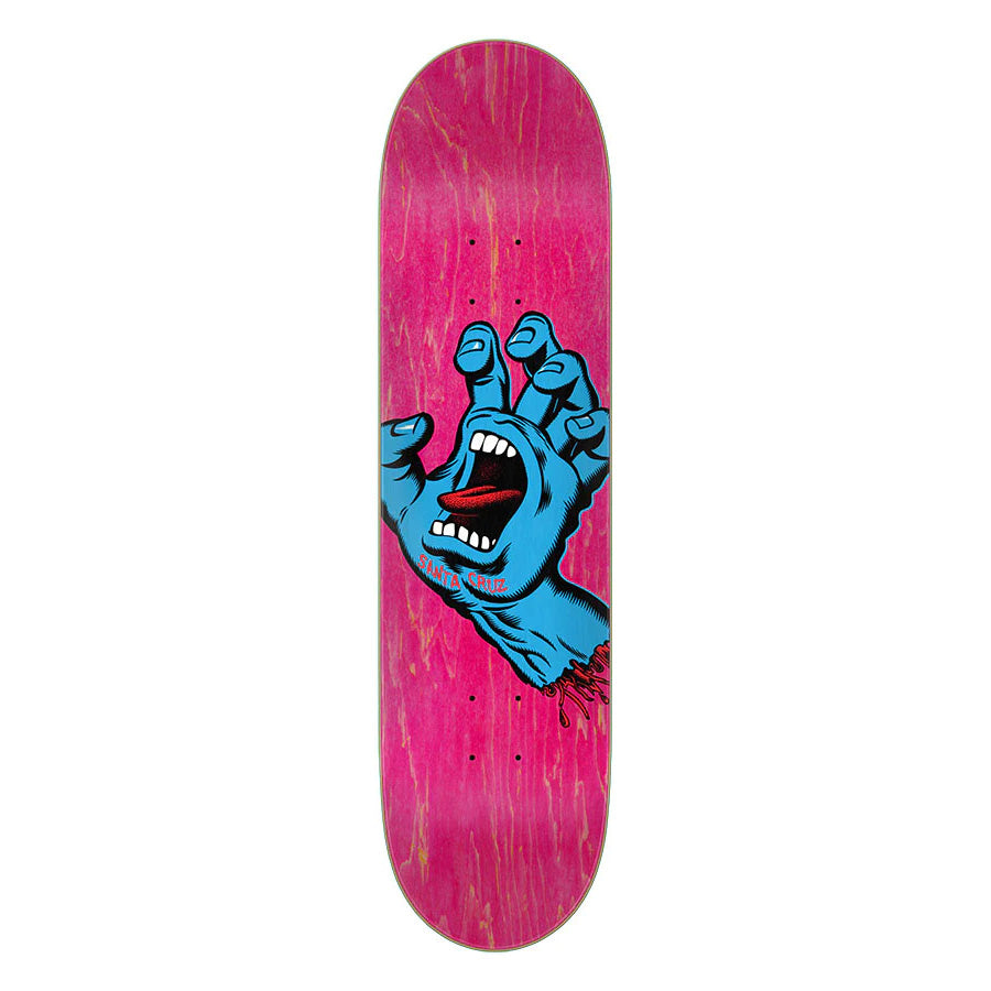 Santa Cruz Screaming Hand Skateboard Deck featuring a graphic of a blue hand on a pink background.