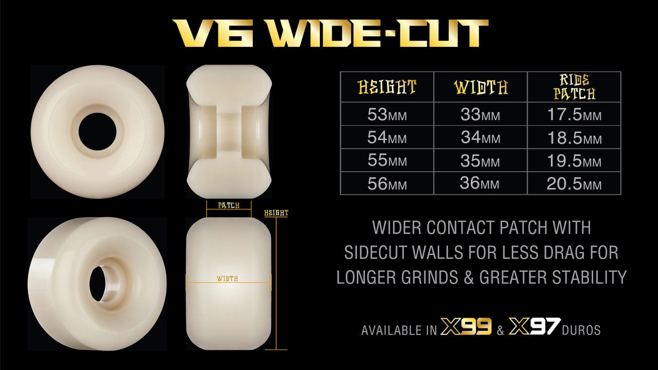 V6 Wide-Cut skateboard wheels with dimensions and specifications on a black background