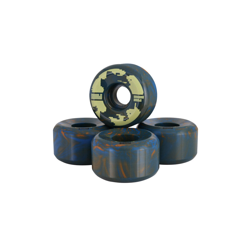 A set of four skateboard wheels with dark blue and orange swirl patterns, arranged in a stacked fashion.