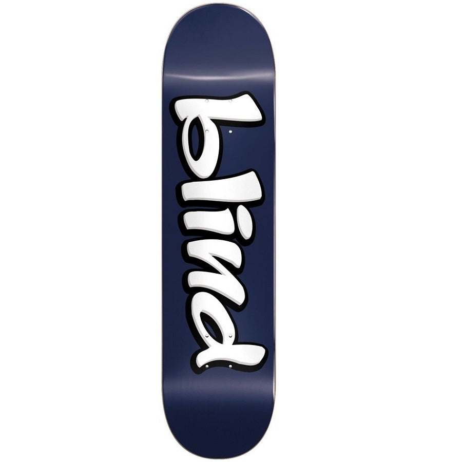 A navy-colored skateboard deck with the word 'Blind' written in white, stylized lettering.