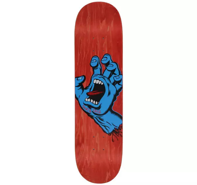 Santa Cruz skateboard deck with a graphic of a screaming hand in blue on a red background.