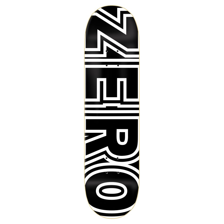 Zero Bold Skateboard Deck featuring a bold black and white design with the brand name 'ZERO' prominently displayed