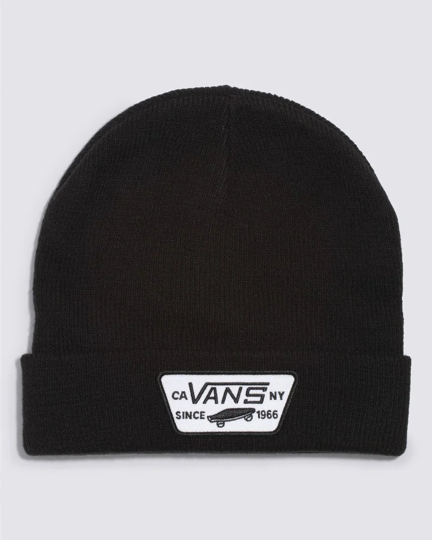 Vans Milford Beanie in black with a merrow-edged logo patch on the cuff.