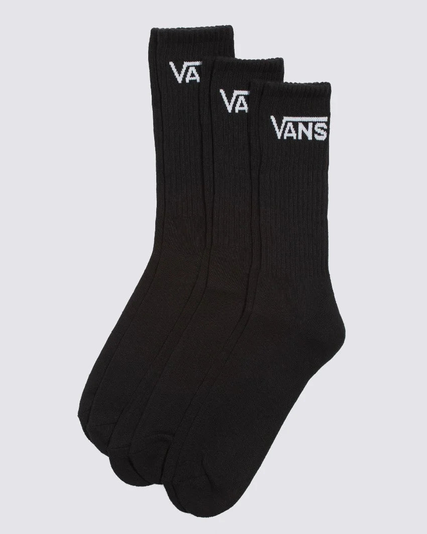 Three black crew socks with the Vans logo at the top, displayed against a white background.