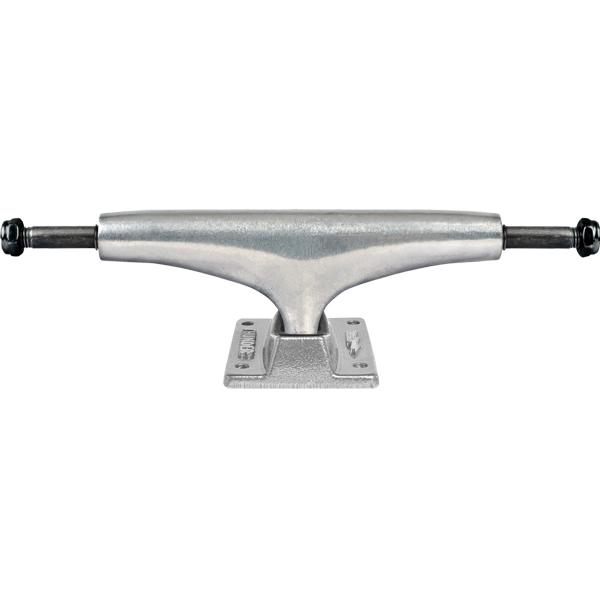 A silver skateboard truck with a high polished finish.