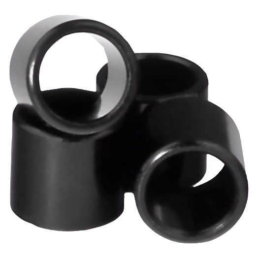 A pack of 4 black aluminum bearing spacers for skateboards.