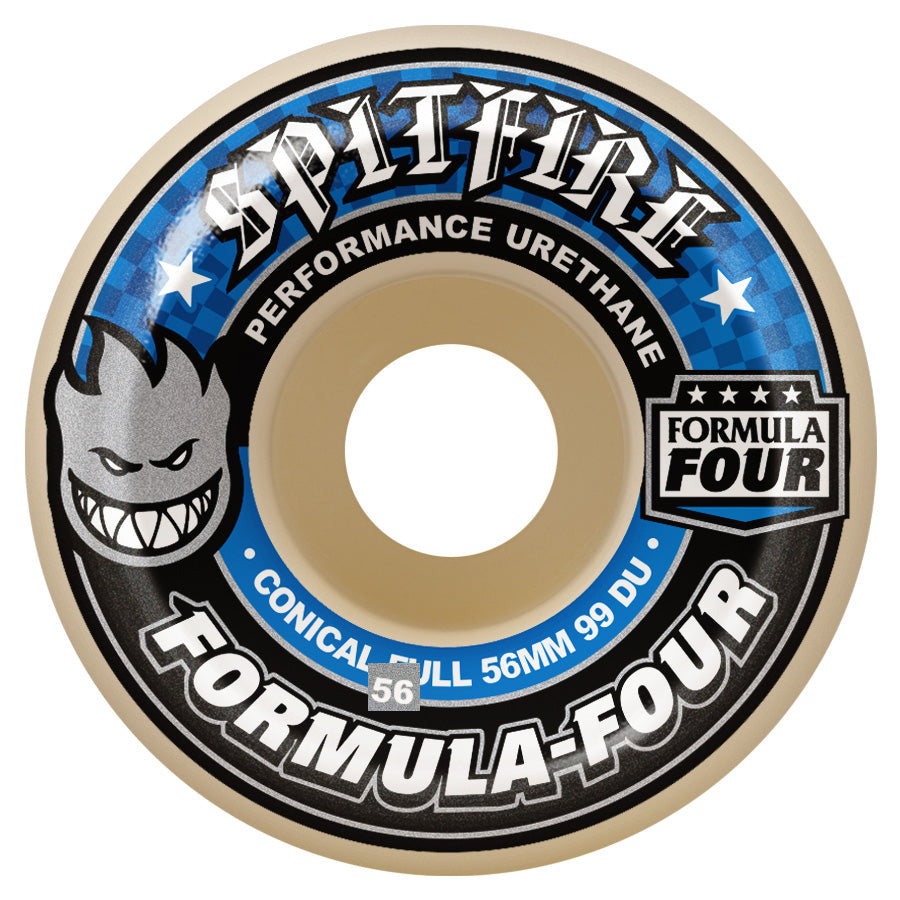 A Spitfire Formula Four Conical Full Skateboard Wheel with black, blue, and gray colors featuring the Spitfire logo and product information.