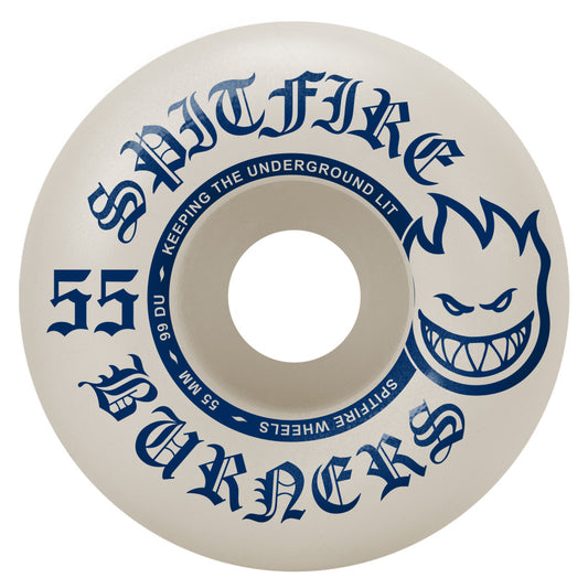 White Spitfire skateboard wheel with blue text and logo.