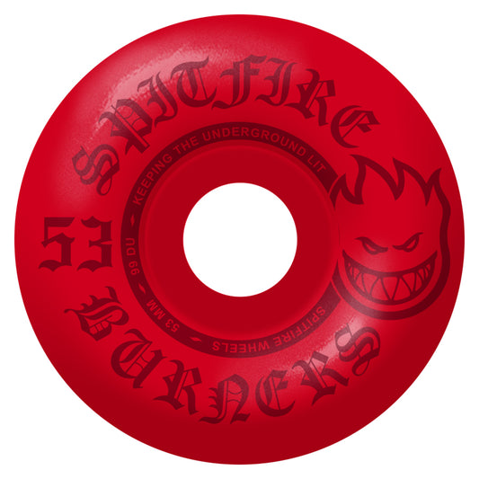 A red Spitfire Burners skateboard wheel with the brand name and wheel size printed on it.
