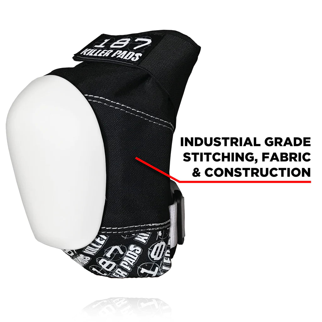 187 Killer Pads - Pro Knee Pads Black/White With White Caps side view and info