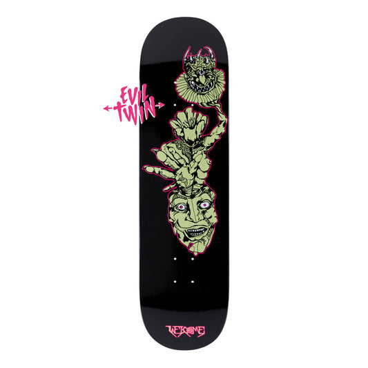 Skateboard deck with a graphic design of a creature and 'Evil Twin' text on a black background