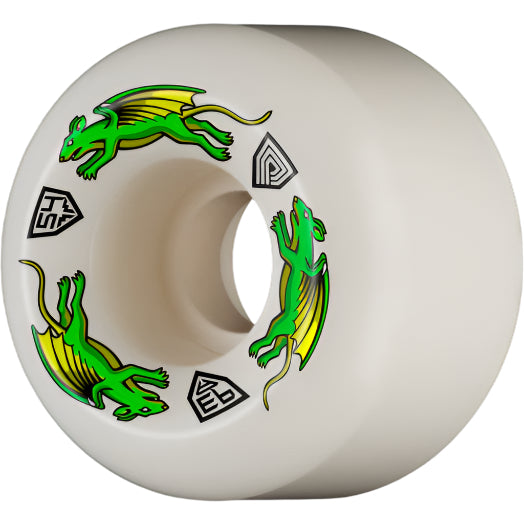 Skateboard wheel with green lizard graphics on a white background