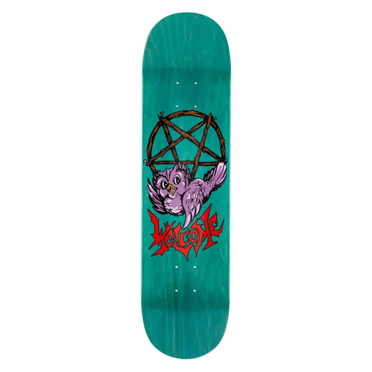 Skateboard deck with a purple bird and pentagram design on a teal background