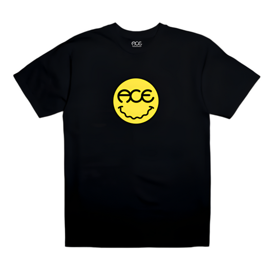 Black t-shirt with yellow smiley face logo and 'ACE' text on a white background