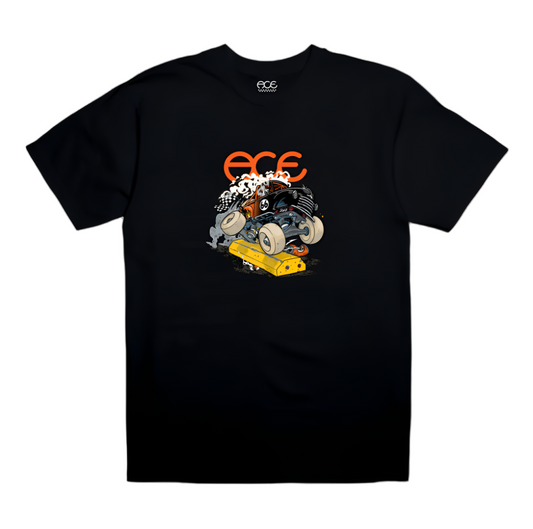 Black t-shirt with a graphic design of a car engine and 'ACE' branding on a white background