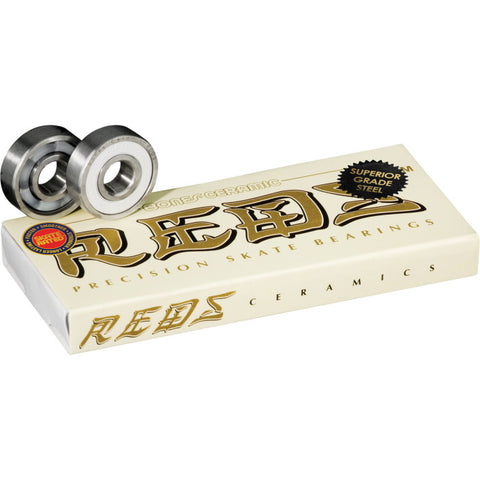 Bones Reds Ceramic bearings packet and front and back view of bearing