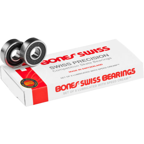 Bones Swiss bearings packet and front and back view of bearing