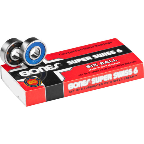 Bones Super Swiss 6 bearings packet and front and back view of bearing