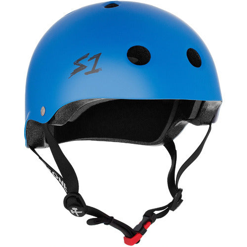 A cyan blue matte S-One Mini Lifer helmet with black straps and a ventilated design.