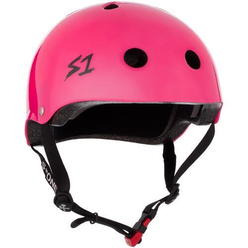 A hot pink gloss mini lifer helmet with black straps and the S1 logo on the front.
