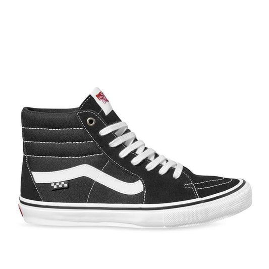 A pair of Vans Skate Sk8-Hi shoes in black and white color scheme, featuring a suede and canvas upper.