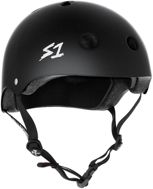 Black matte finish skateboarding helmet with a visor and adjustable strap, featuring the S-One logo.