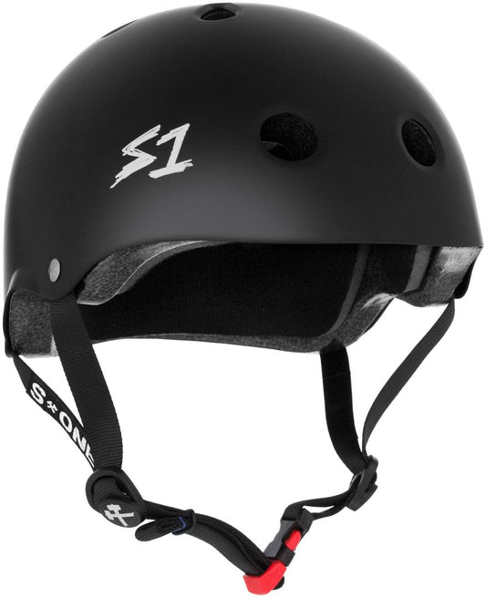 A black matte S-One Mini Lifer helmet with adjustable straps and a logo on the front.