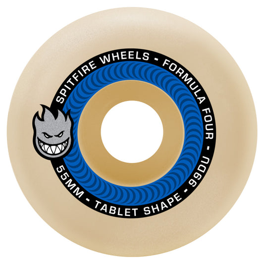 A single Spitfire Formula Four skateboard wheel with blue and black branding details.