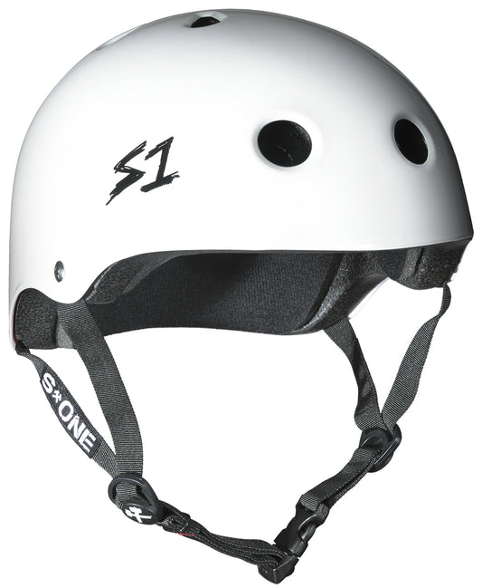 A white gloss S-One Lifer helmet with black straps and ventilation holes on the sides.