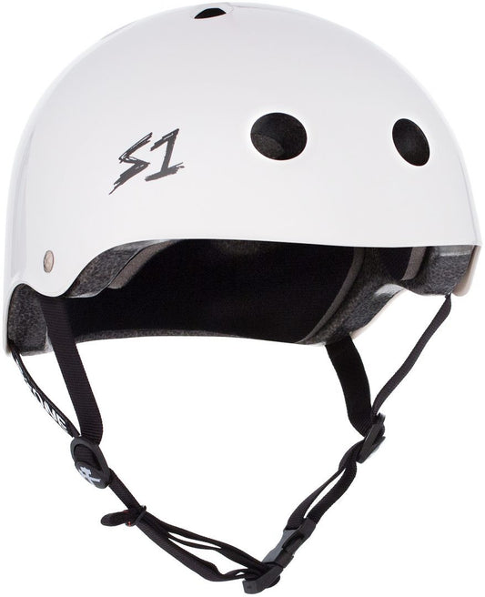 White gloss skateboard helmet with black straps and the S-One logo on the front.