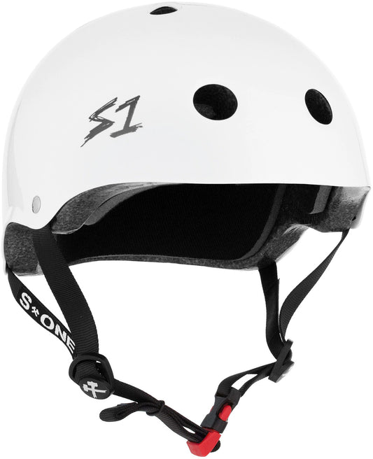 White gloss mini lifer helmet by S-One with straps and buckles.